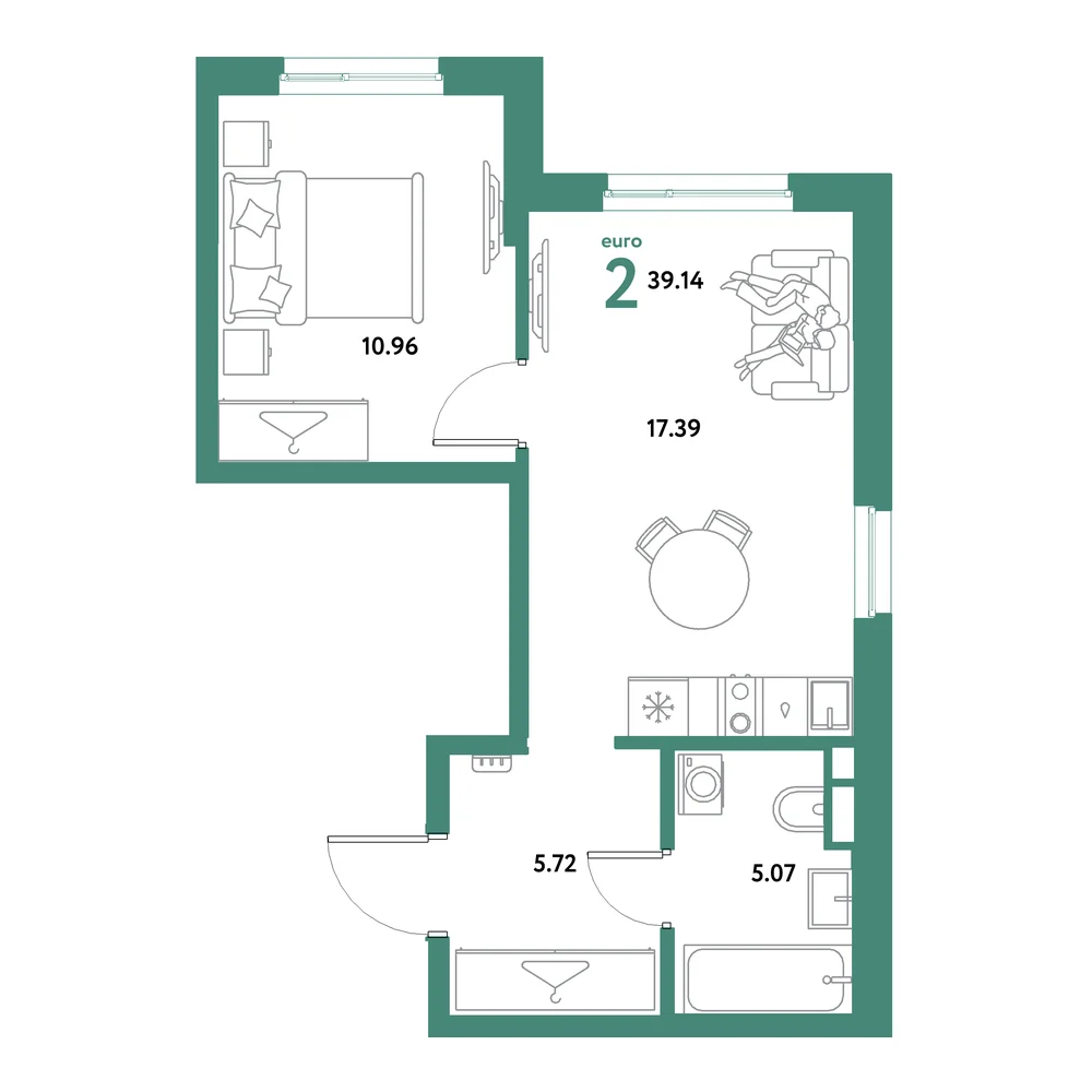 Планировка: Остров-сад 2-комнатная 39,14м²