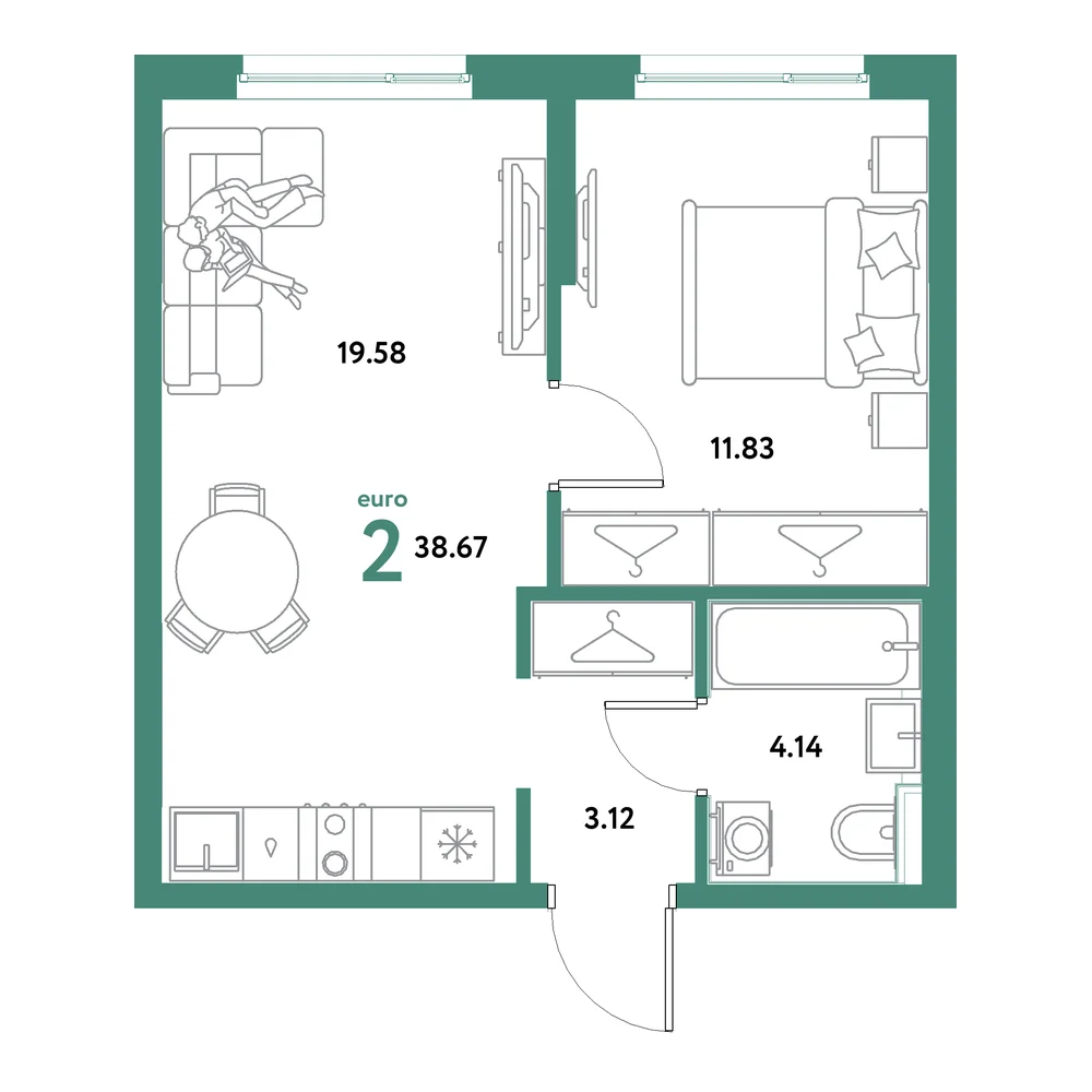 Планировка: Остров-сад 2-комнатная 38,67м²