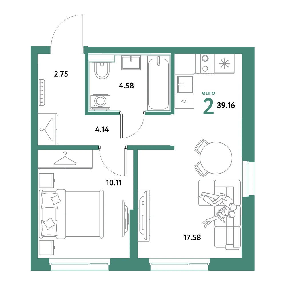 Планировка: Остров-сад 2-комнатная 39,16м²