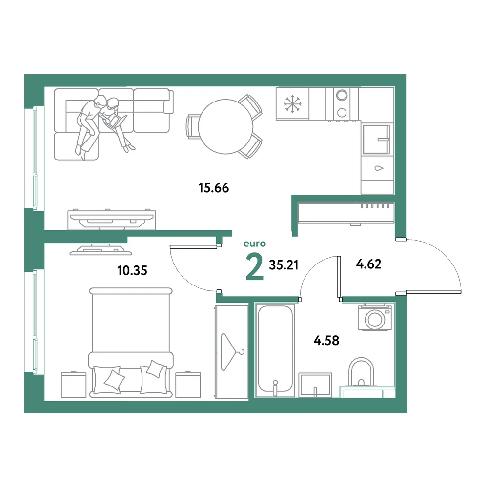 Планировка: Остров-сад 2-комнатная 35,21м²