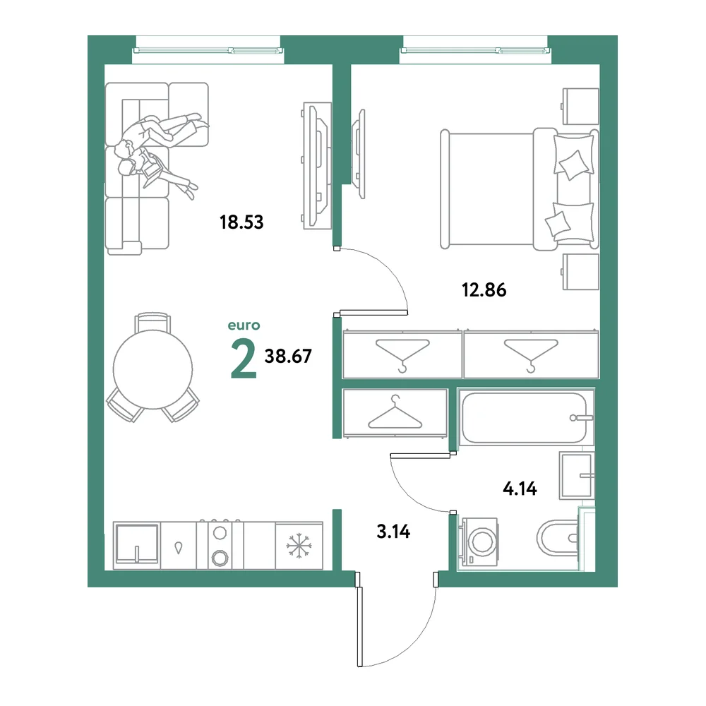 Планировка: Остров-сад 2-комнатная 38,67м²