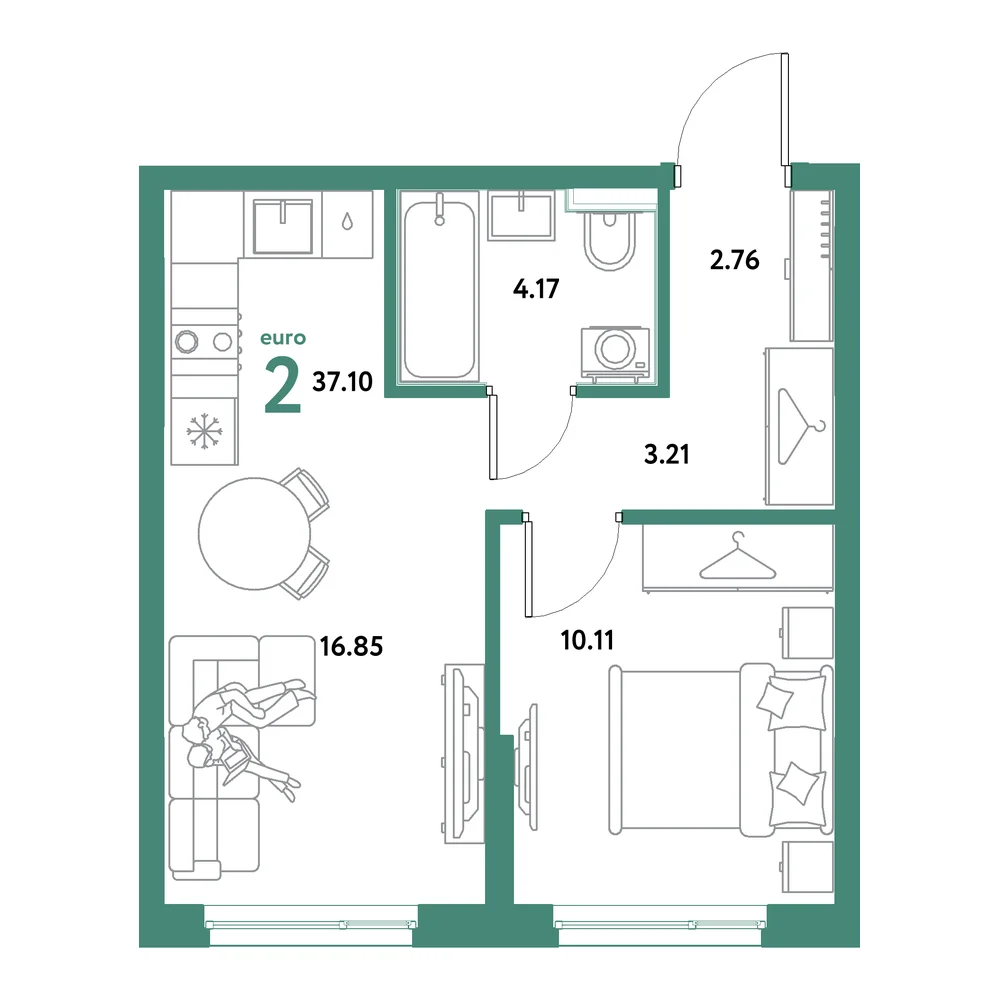 Планировка: Остров-сад 2-комнатная 37,10м²