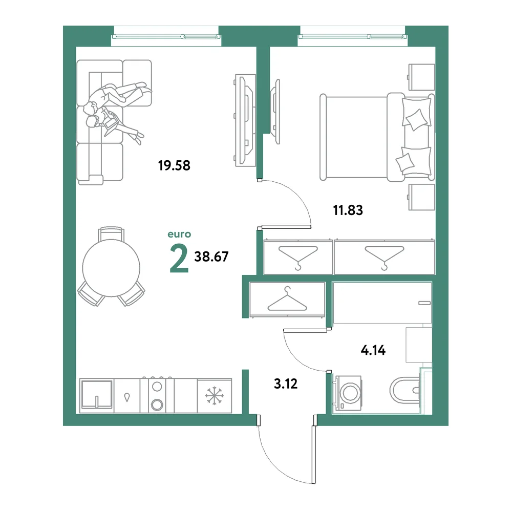 Планировка: Остров-сад 2-комнатная 38,67м²