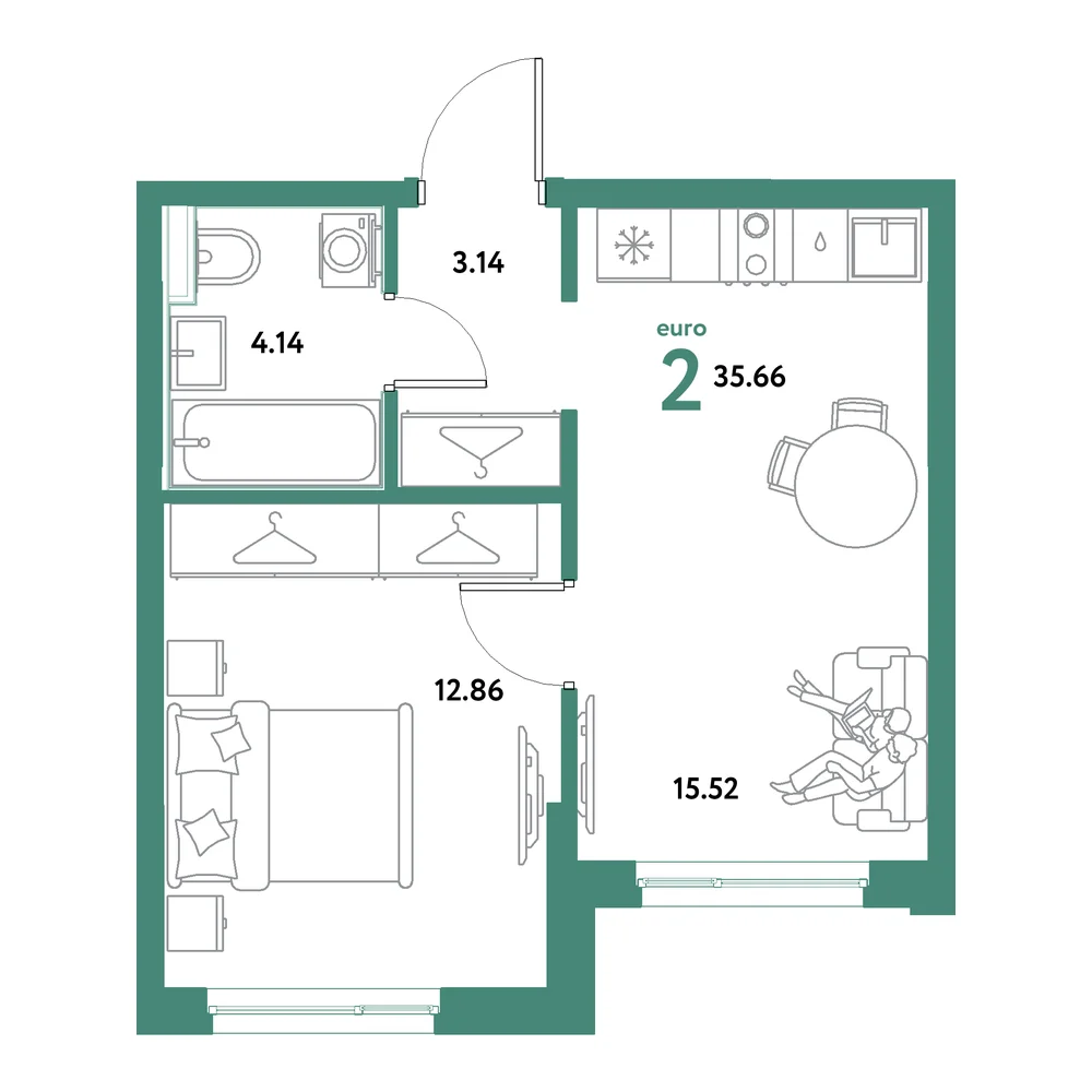 Планировка: Остров-сад 2-комнатная 35,66м²