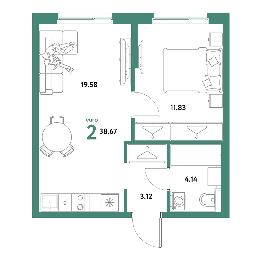 Планировка: Остров-сад 2-комнатная 38,67м²