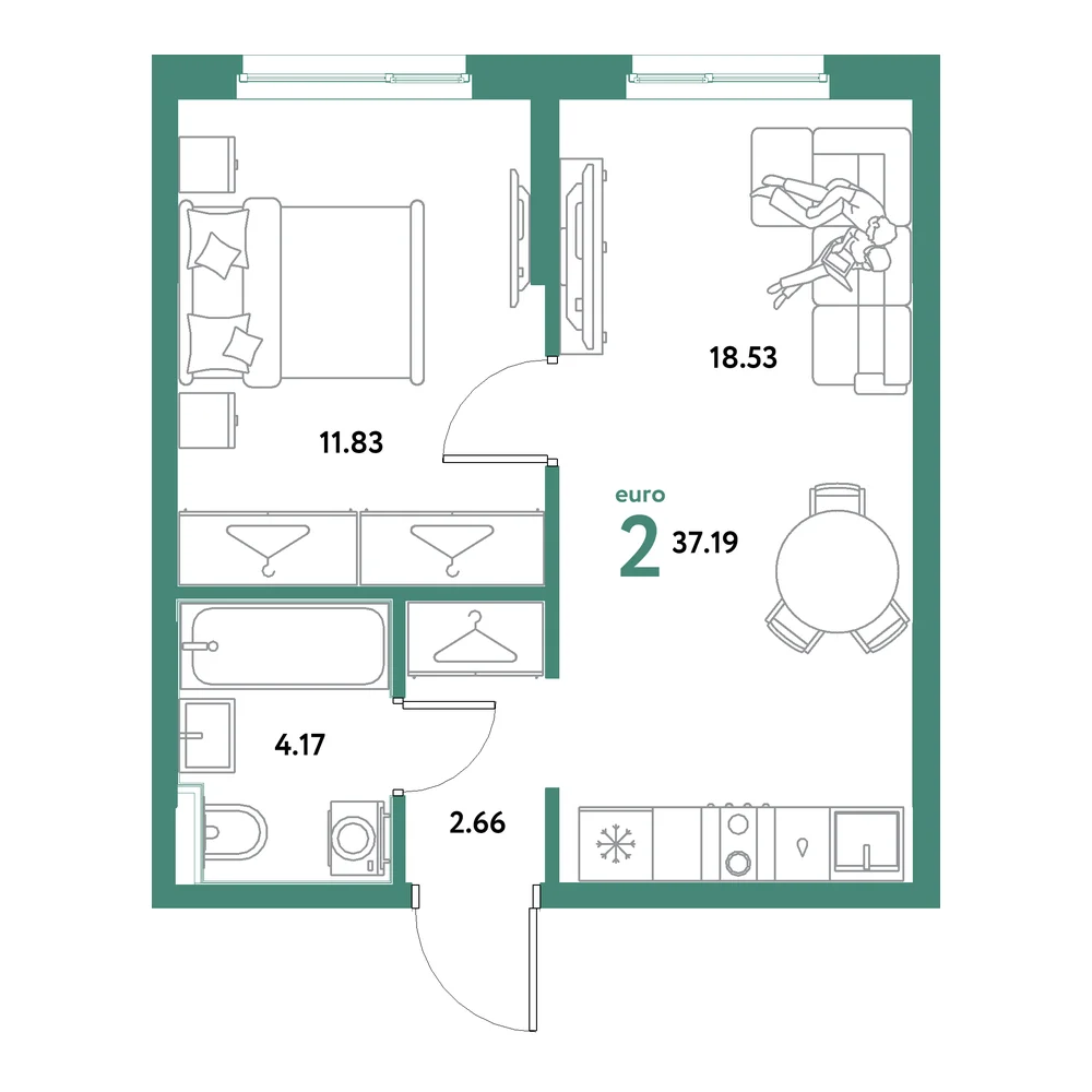 Планировка: Остров-сад 2-комнатная 37,19м²