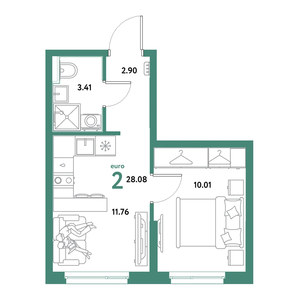 Планировка: Остров-сад 2-комнатная 28,08м²