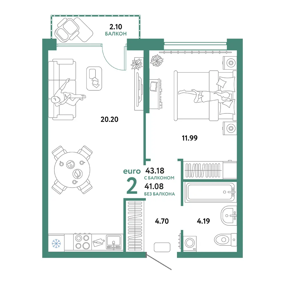 Планировка: Сердце Сибири 2-комнатная 43,18м²