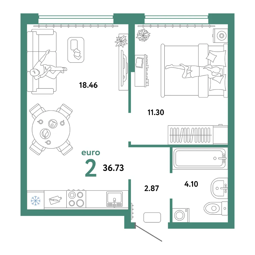 Планировка: Сердце Сибири 2-комнатная 36,73м²