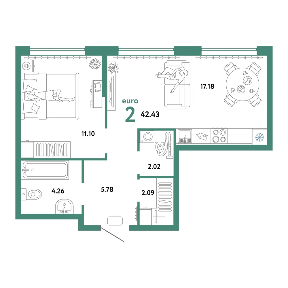 Планировка: Сердце Сибири 2-комнатная 42,43м²