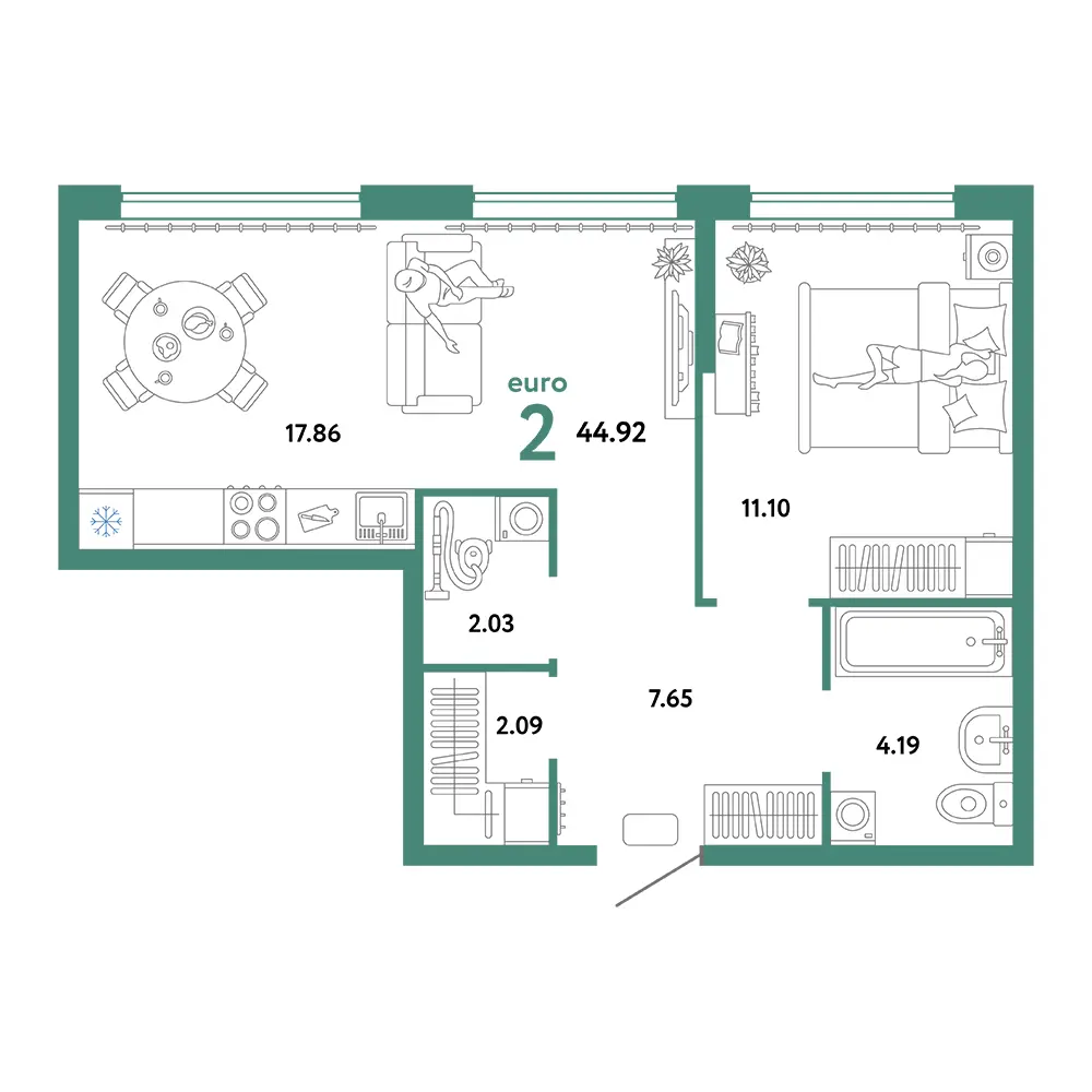 Планировка: Сердце Сибири 2-комнатная 44,92м²