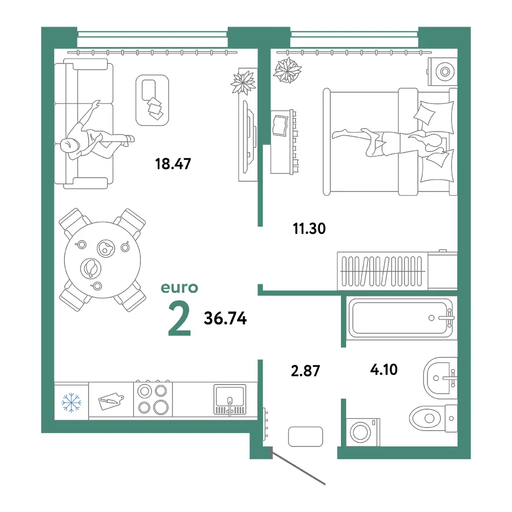 Планировка: Сердце Сибири 2-комнатная 36,74м²