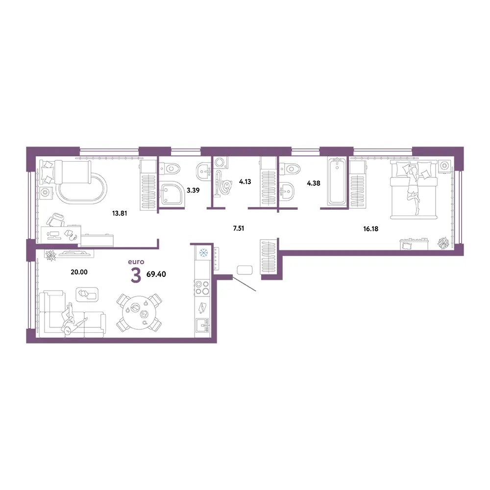 Планировка: Сердце Сибири 3-комнатная 69,40м²