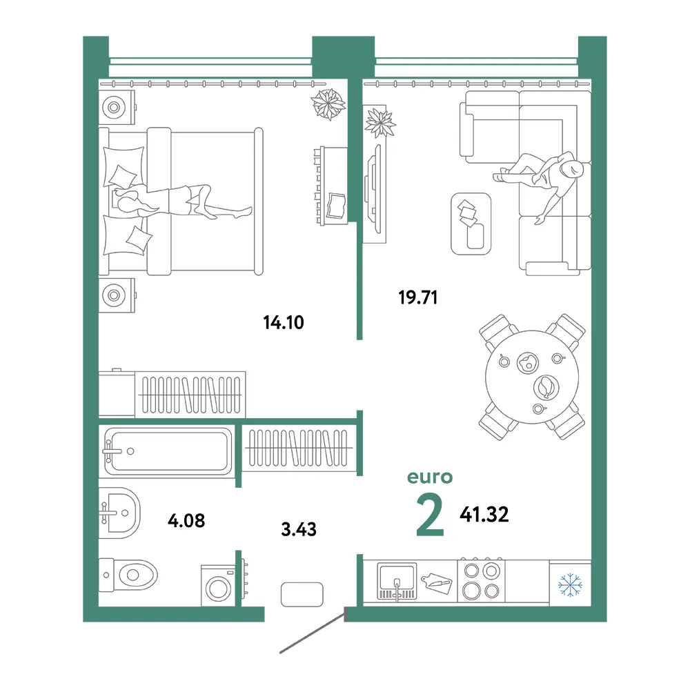 Планировка: Сердце Сибири 2-комнатная 41,32м²
