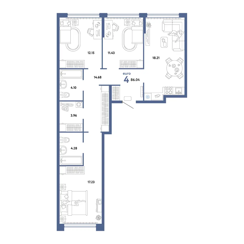 Планировка: Сердце Сибири 4-комнатная 86,04м²