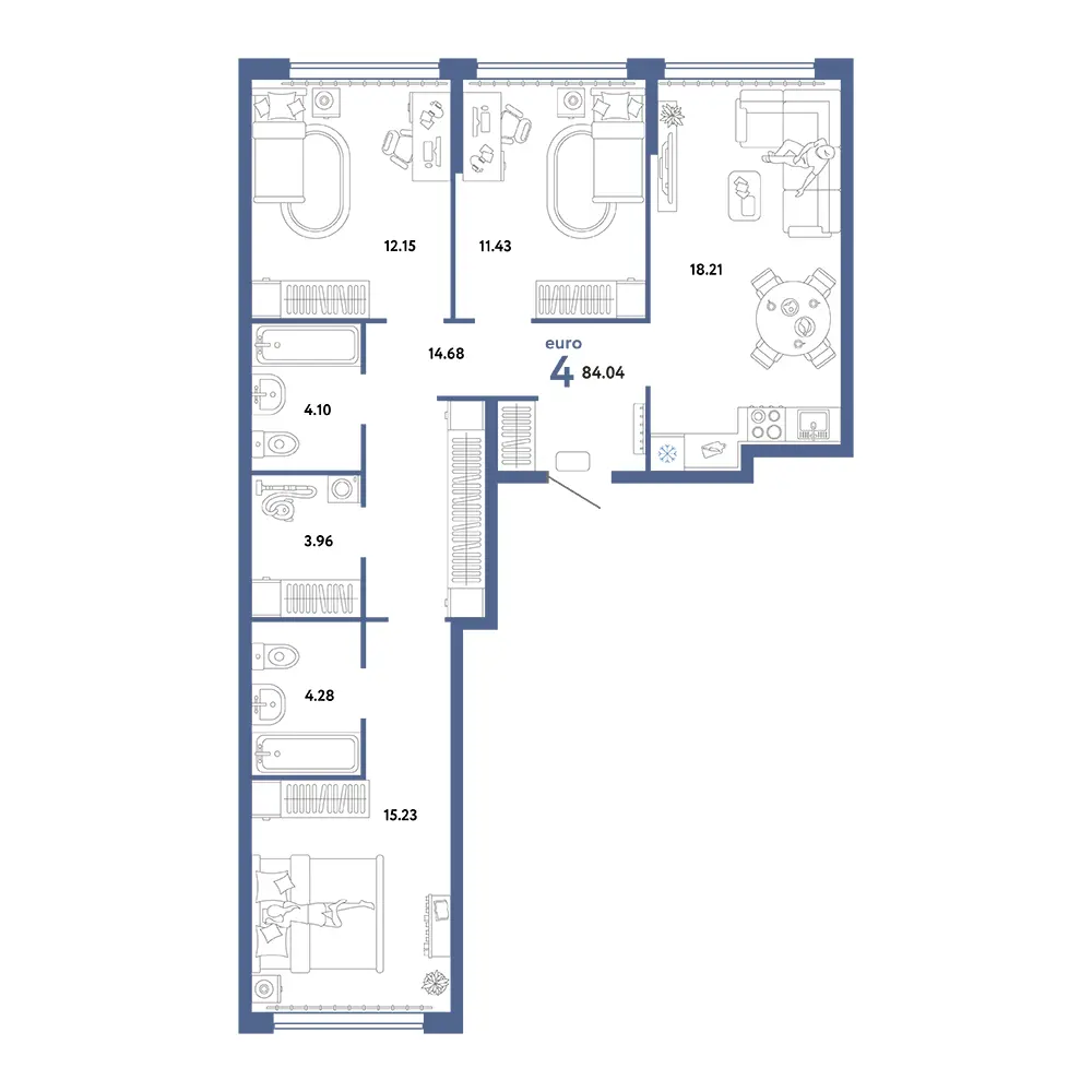 Планировка: Сердце Сибири 4-комнатная 84,04м²