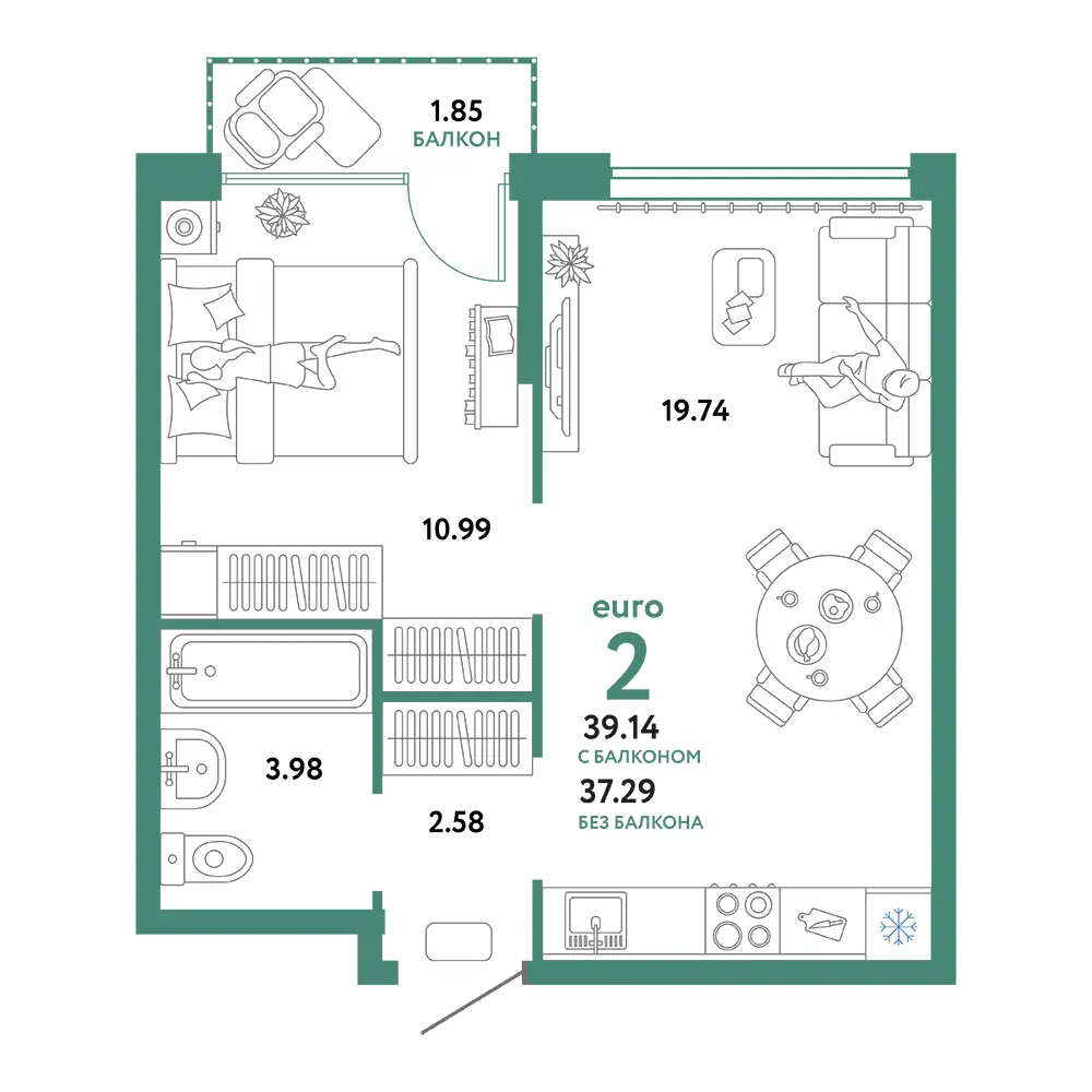 Планировка: Сердце Сибири 2-комнатная 39,14м²