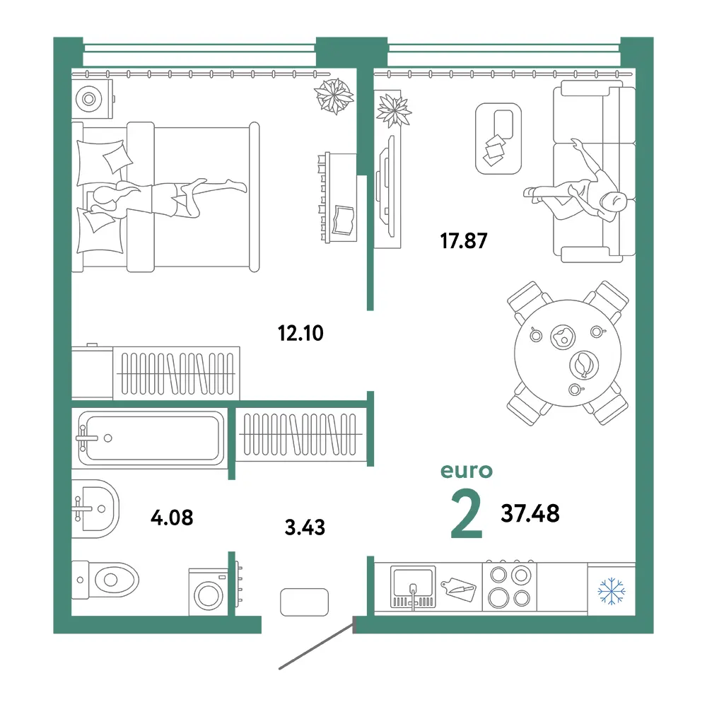 Планировка: Сердце Сибири 2-комнатная 37,48м²