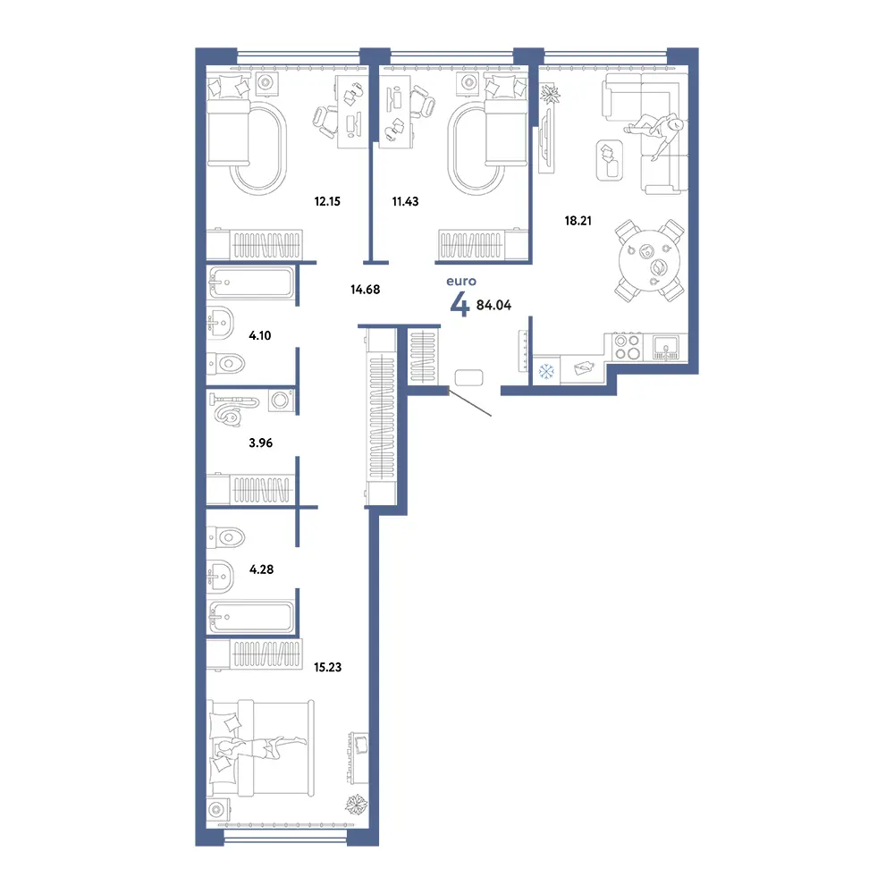 Планировка: Сердце Сибири 4-комнатная 84,04м²