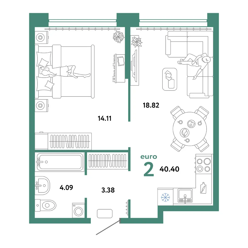 Планировка: Сердце Сибири 2-комнатная 40,40м²