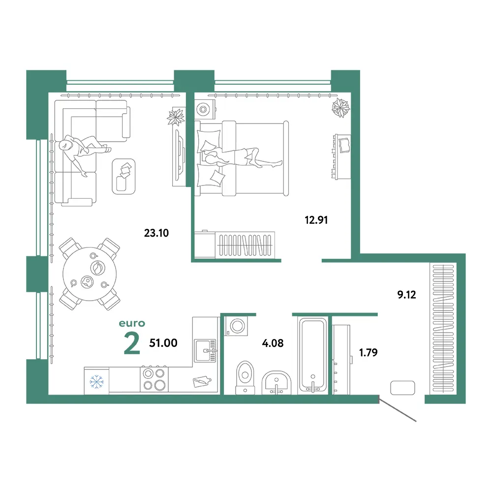Планировка: Сердце Сибири 2-комнатная 51,00м²