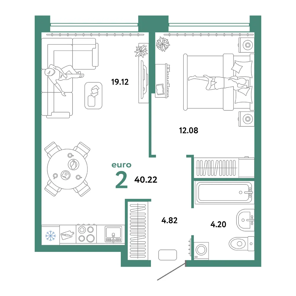Планировка: Сердце Сибири 2-комнатная 40,22м²