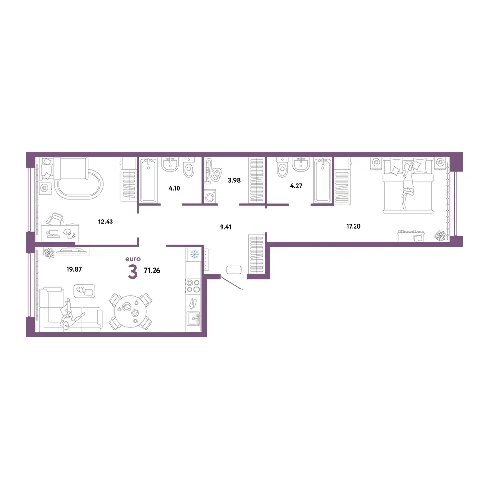 Планировка: Сердце Сибири 3-комнатная 71,26м²