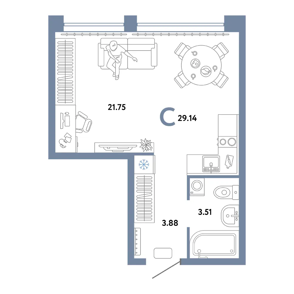 Планировка: Сердце Сибири Студия 29,14м²