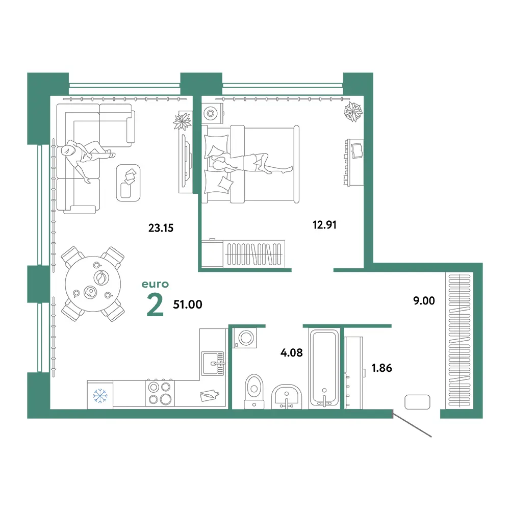 Планировка: Сердце Сибири 2-комнатная 51,00м²