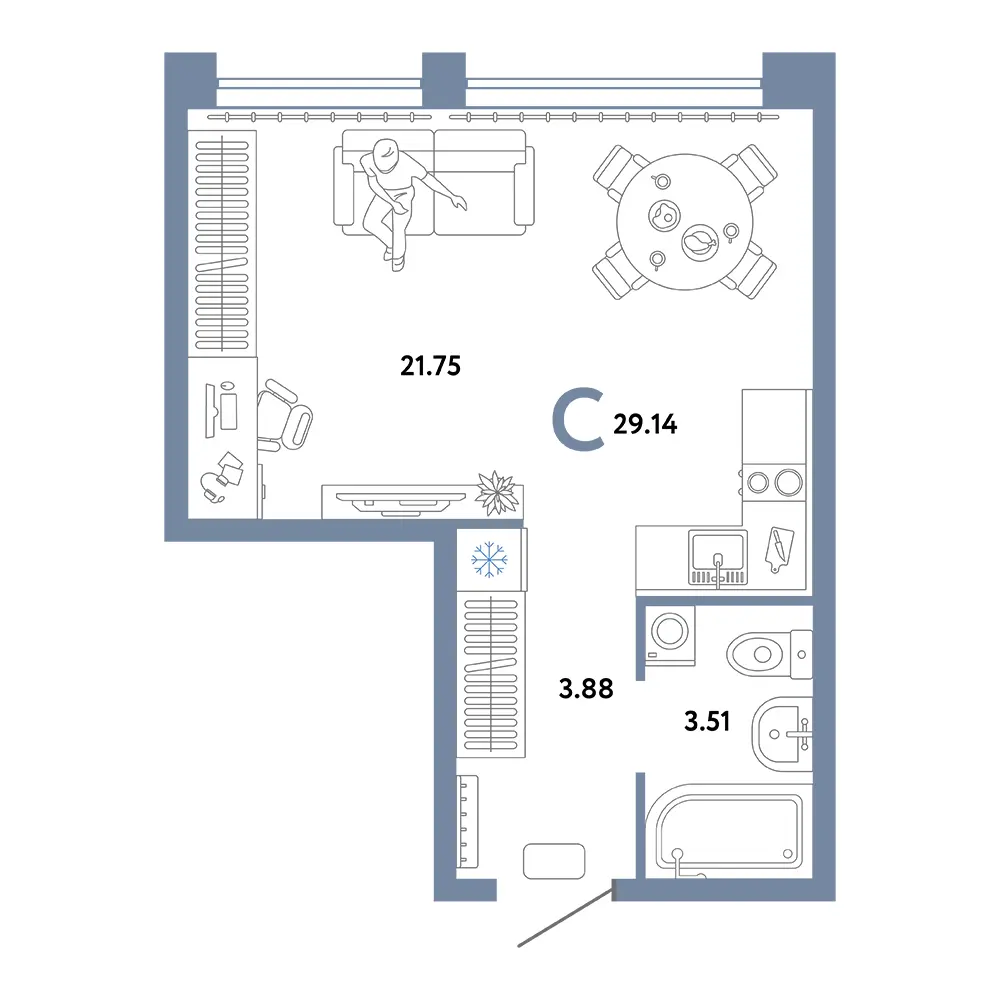 Планировка: Сердце Сибири Студия 29,14м²