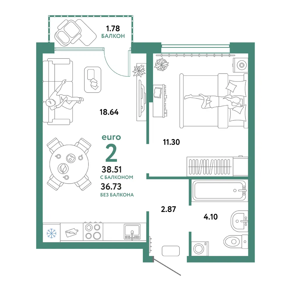 Планировка: Сердце Сибири 2-комнатная 38,51м²