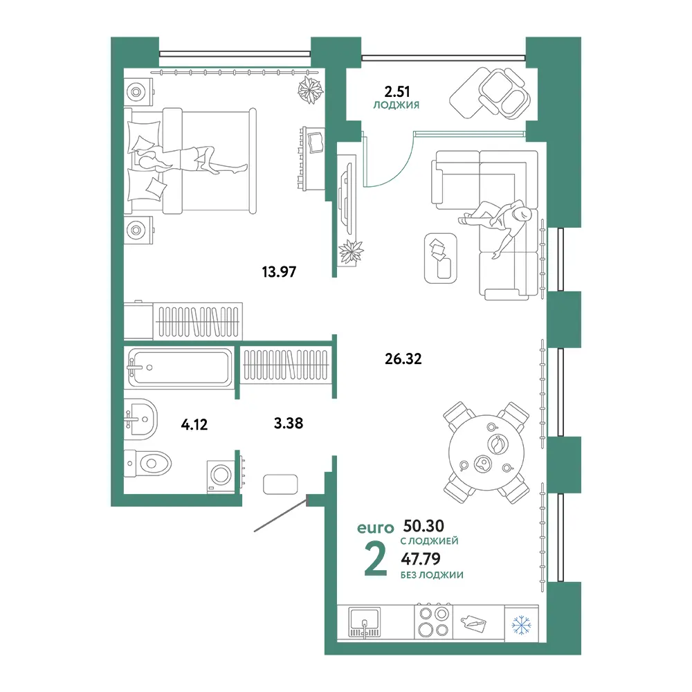 Планировка: Сердце Сибири 2-комнатная 50,30м²