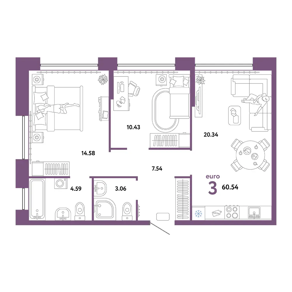 Планировка: Сердце Сибири 3-комнатная 60,54м²