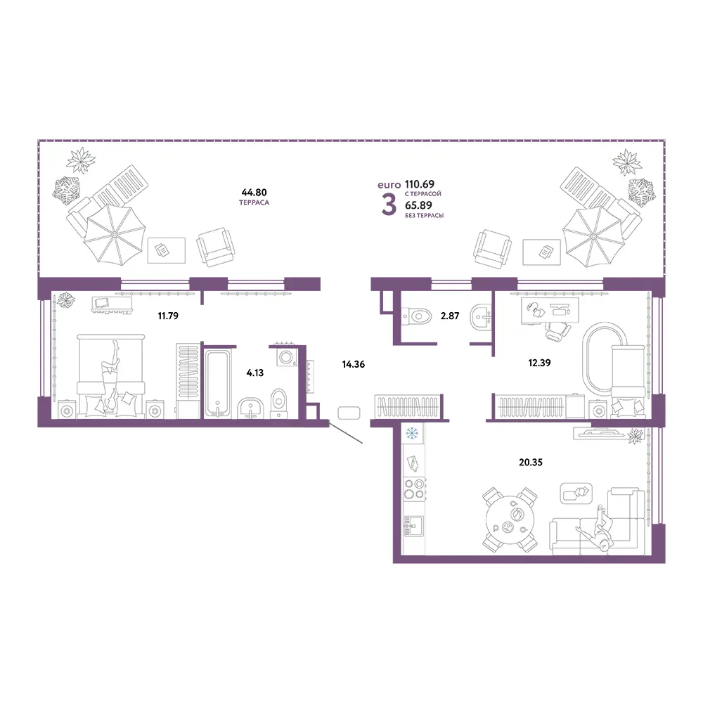 Планировка: Сердце Сибири 3-комнатная 110,69м²