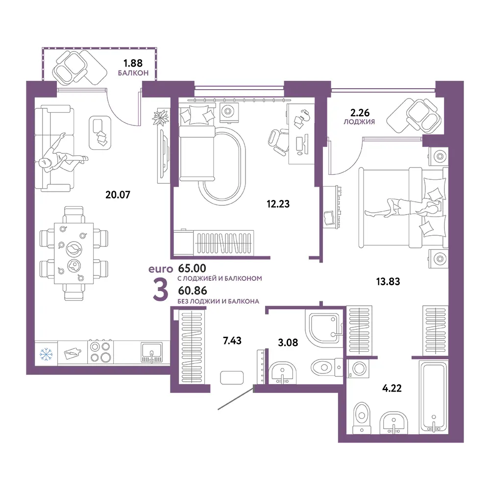 Планировка: Сердце Сибири 3-комнатная 65,00м²