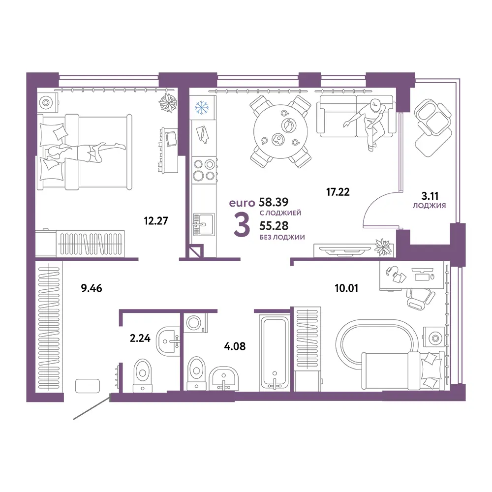 Планировка: Сердце Сибири 3-комнатная 58,39м²