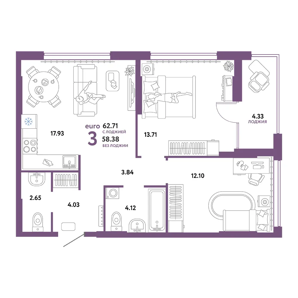 Планировка: Сердце Сибири 3-комнатная 62,71м²
