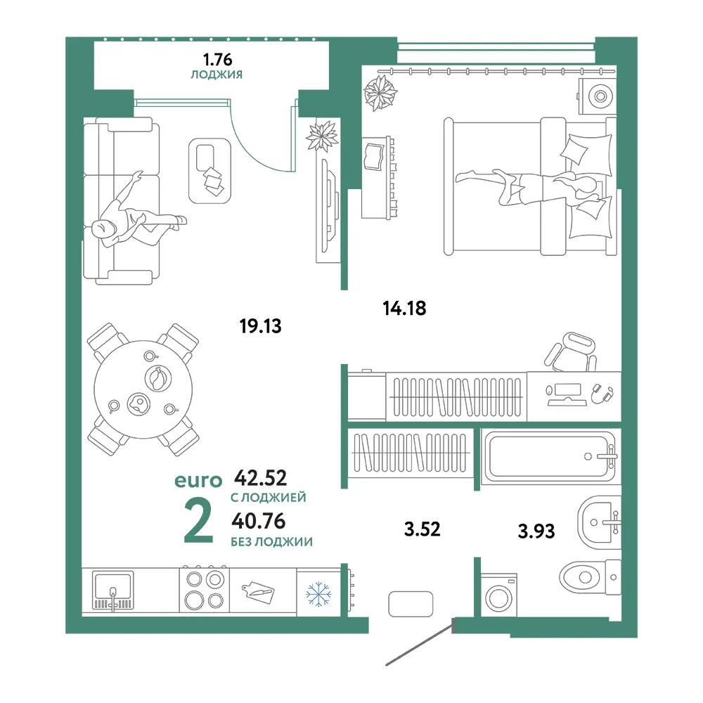 Планировка: Сердце Сибири 2-комнатная 42,52м²