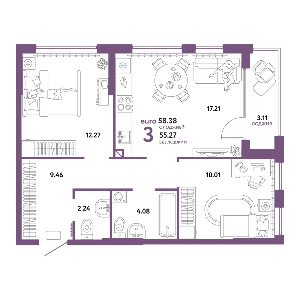 Планировка: Сердце Сибири 3-комнатная 58,38м²