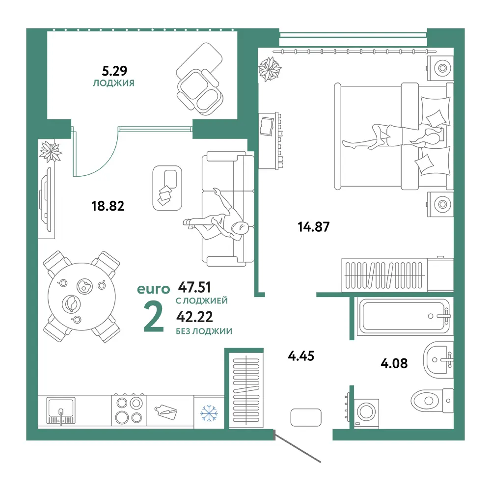 Планировка: Сердце Сибири 2-комнатная 47,51м²