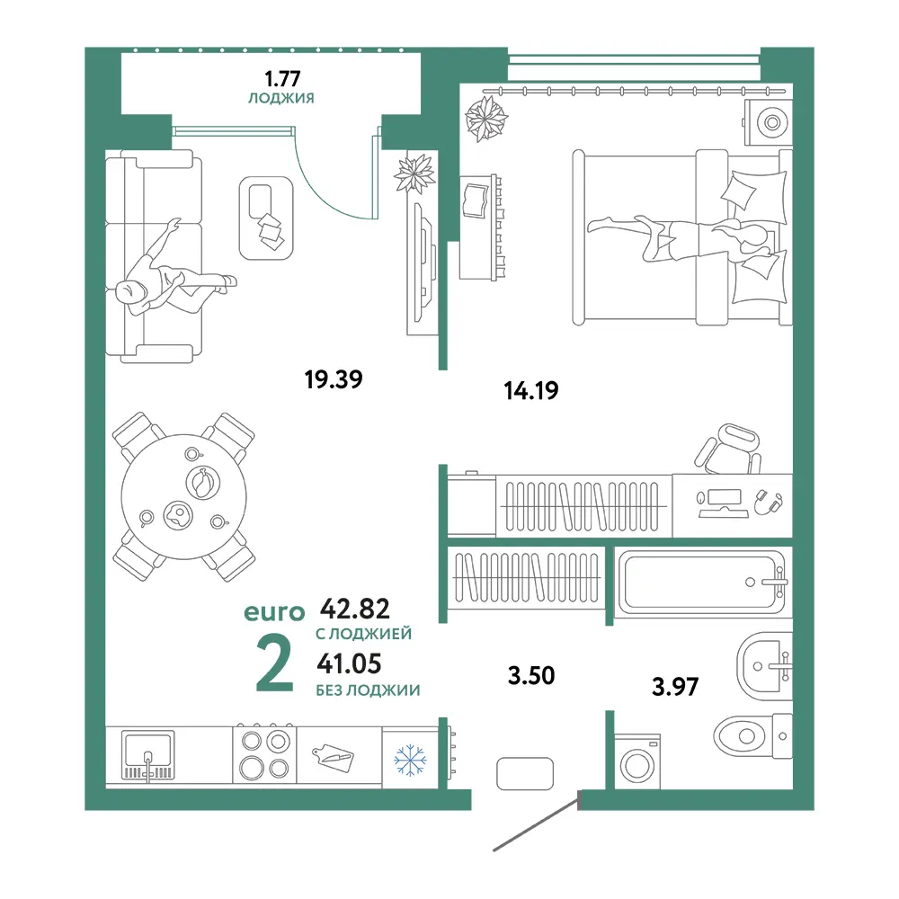 Планировка: Сердце Сибири 2-комнатная 42,82м²