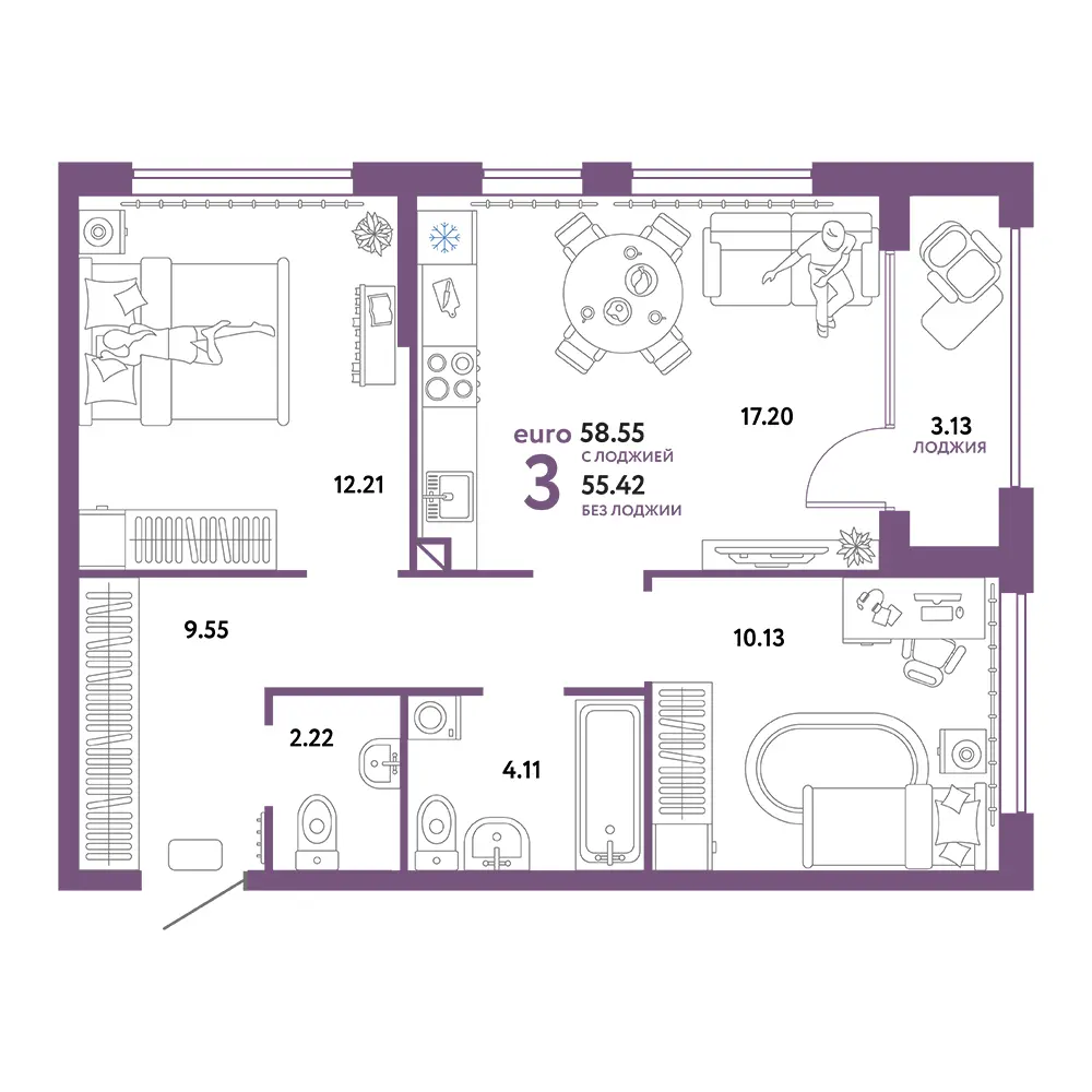 Планировка: Сердце Сибири 3-комнатная 58,55м²