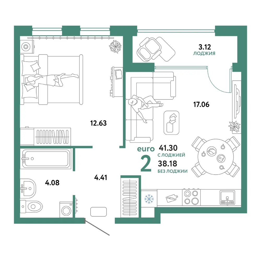 Планировка: Сердце Сибири 2-комнатная 41,30м²