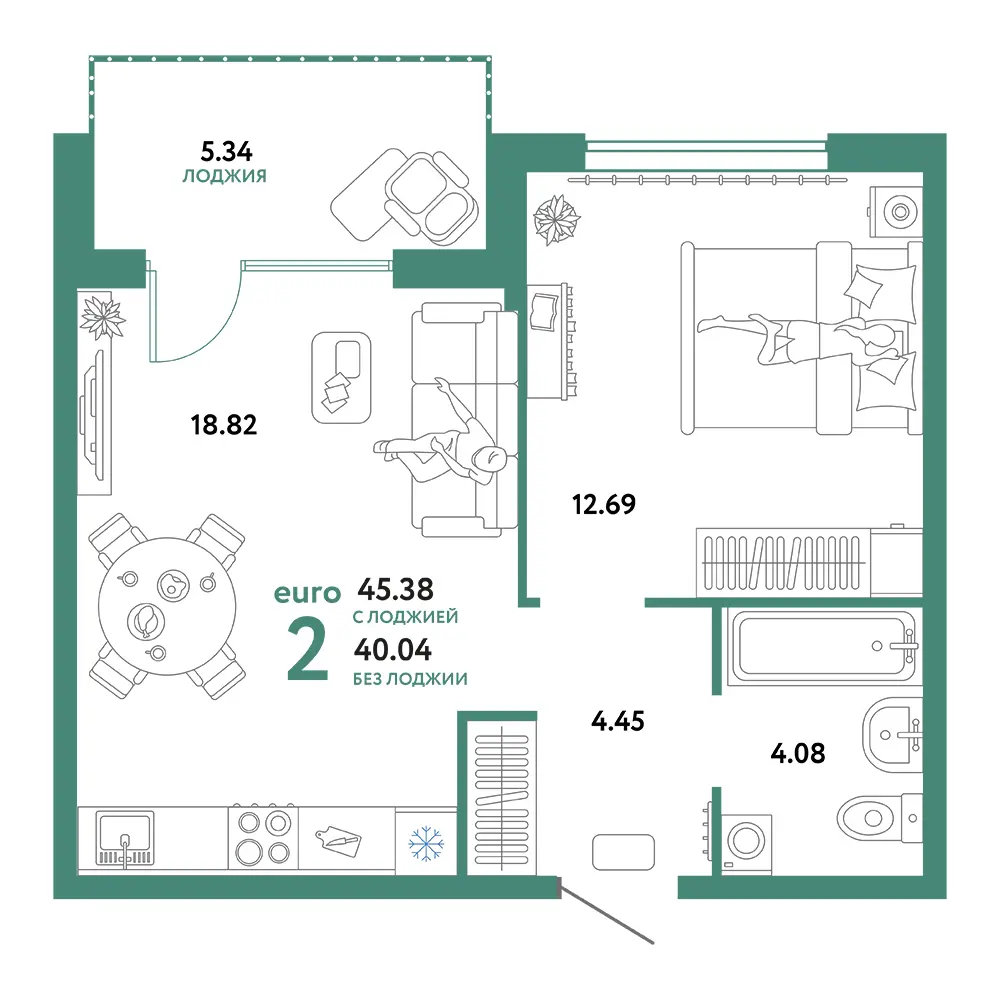 Планировка: Сердце Сибири 2-комнатная 45,38м²