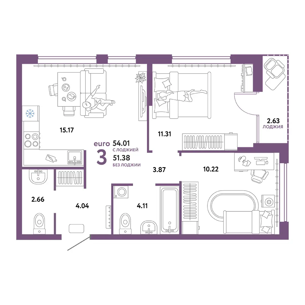 Планировка: Сердце Сибири 3-комнатная 54,01м²