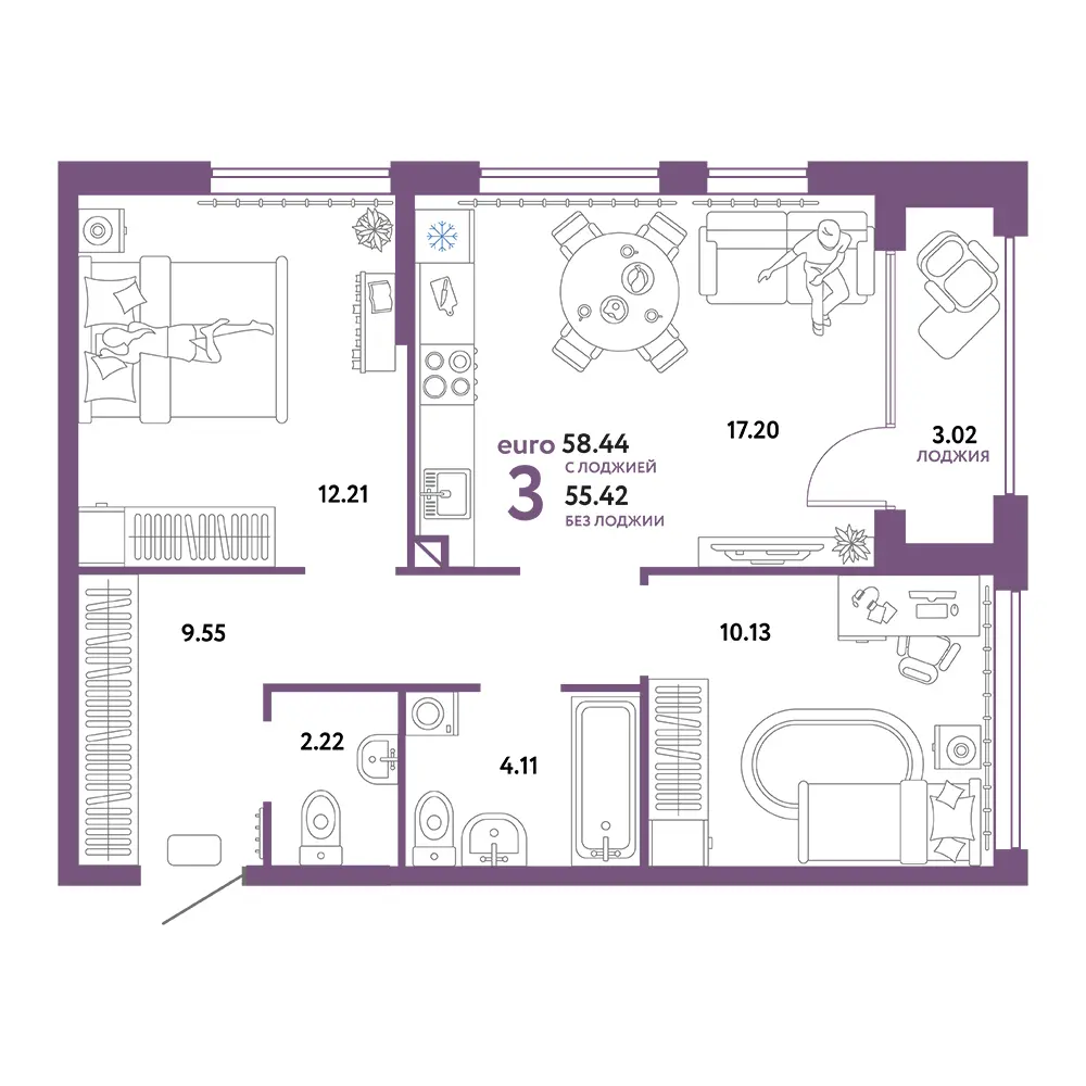Планировка: Сердце Сибири 3-комнатная 58,44м²