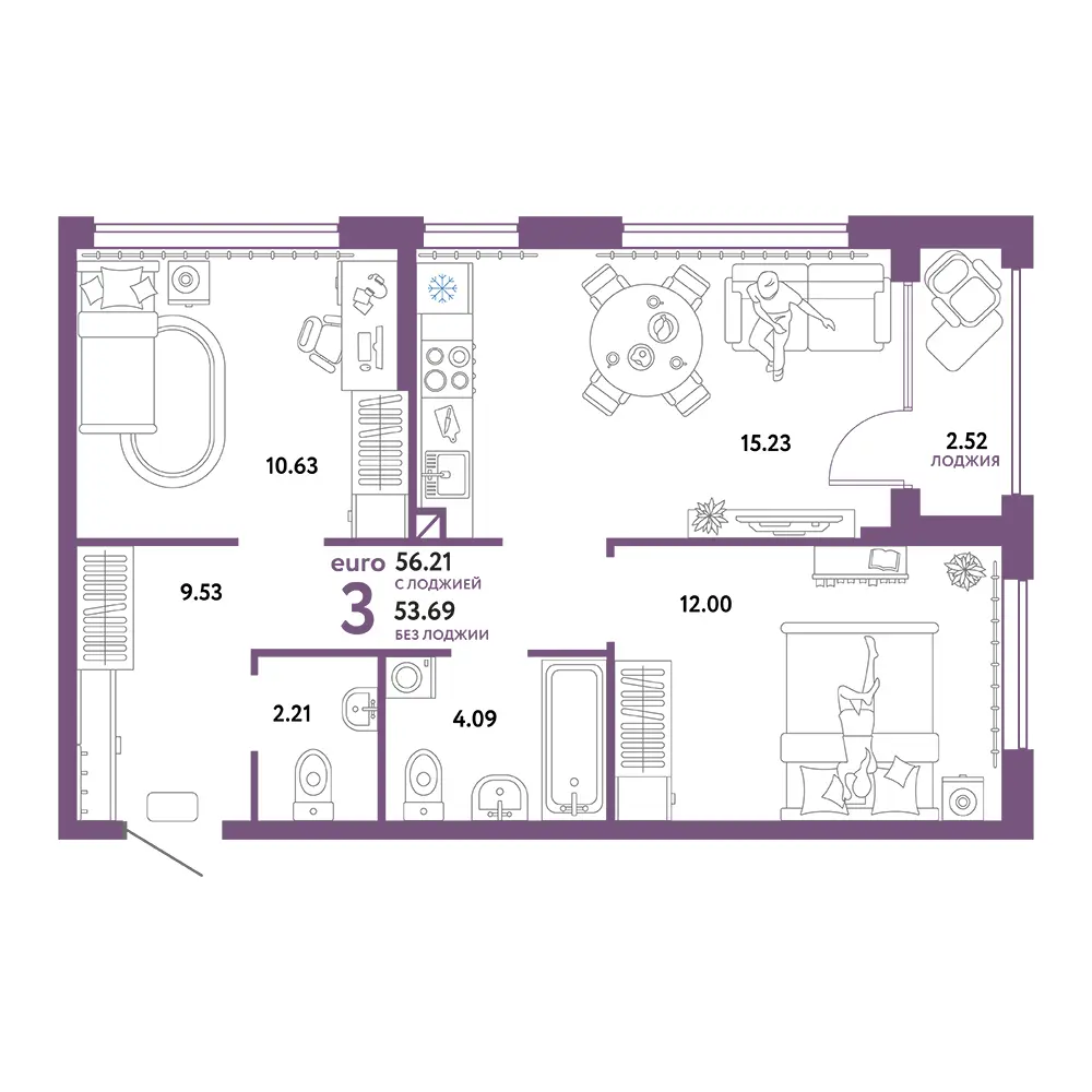 Планировка: Сердце Сибири 3-комнатная 56,21м²