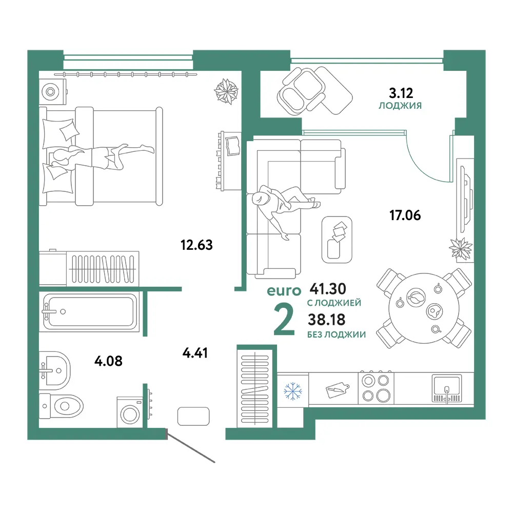 Планировка: Сердце Сибири 2-комнатная 41,30м²