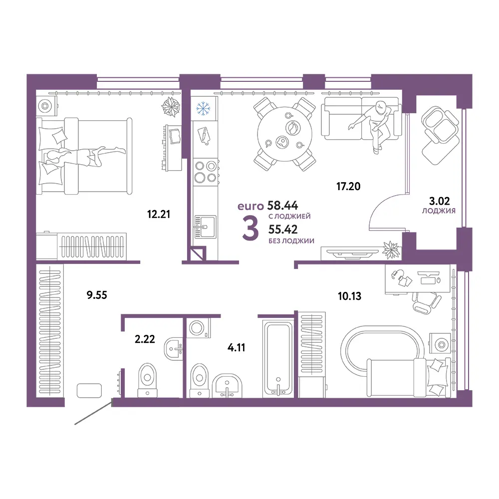 Планировка: Сердце Сибири 3-комнатная 58,44м²