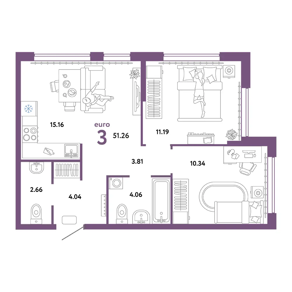 Планировка: Сердце Сибири 3-комнатная 51,26м²